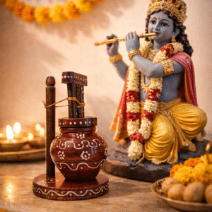 Handcrafted wooden madhni butter churner showpiece with traditional hand painted design on table
