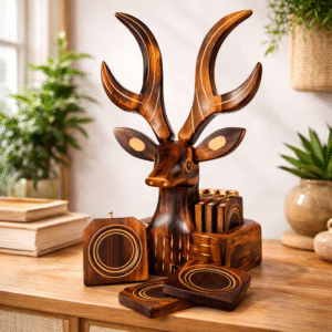 Wooden Deer Shape Coaster Set with Holder – Premium Table Decor & Drink Coasters