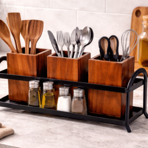 Wooden cutlery holder with metal stand 3 compartment organizer with spoons forks knives on kitchen counter