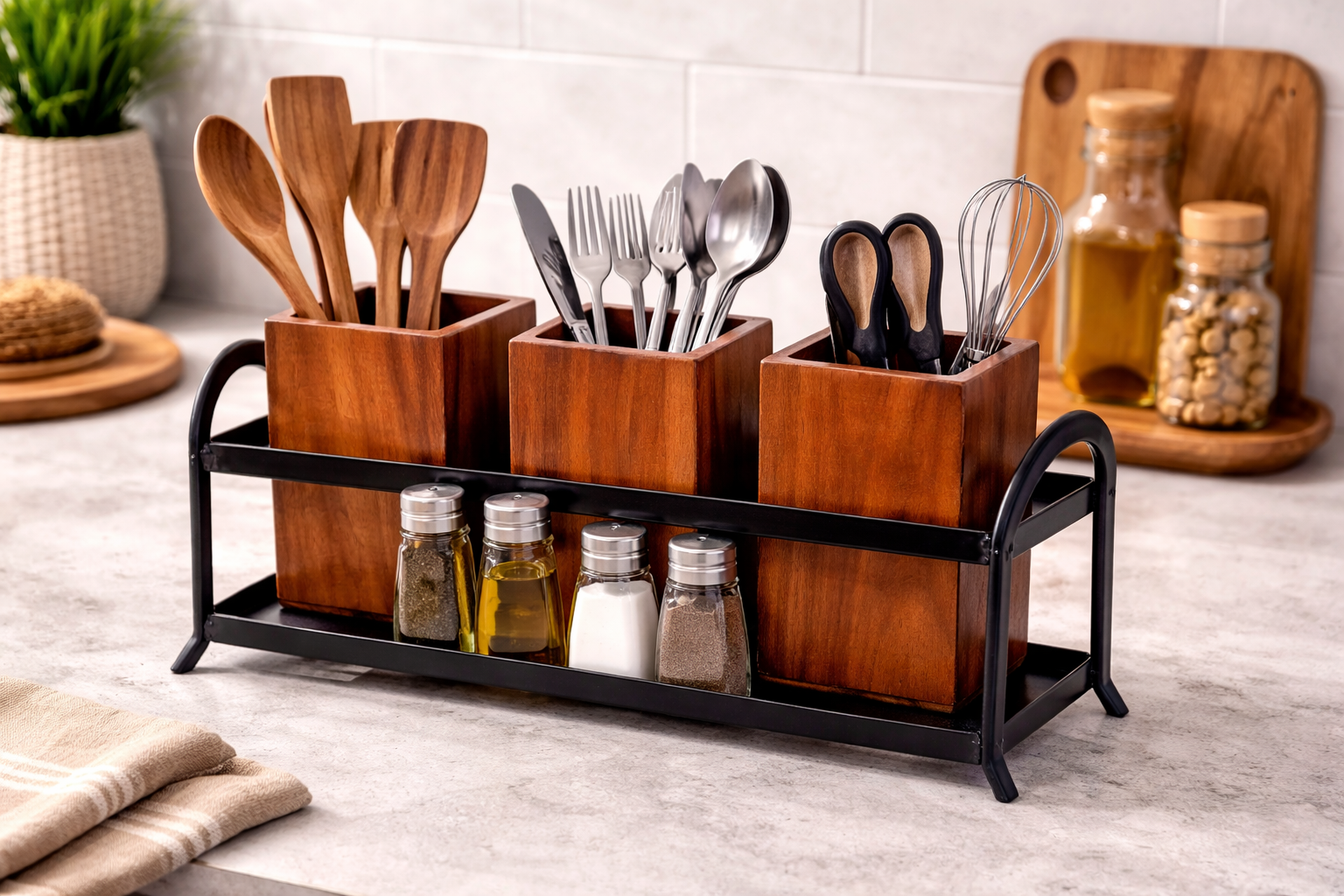 Wooden cutlery holder with metal stand 3 compartment organizer with spoons forks knives on kitchen counter