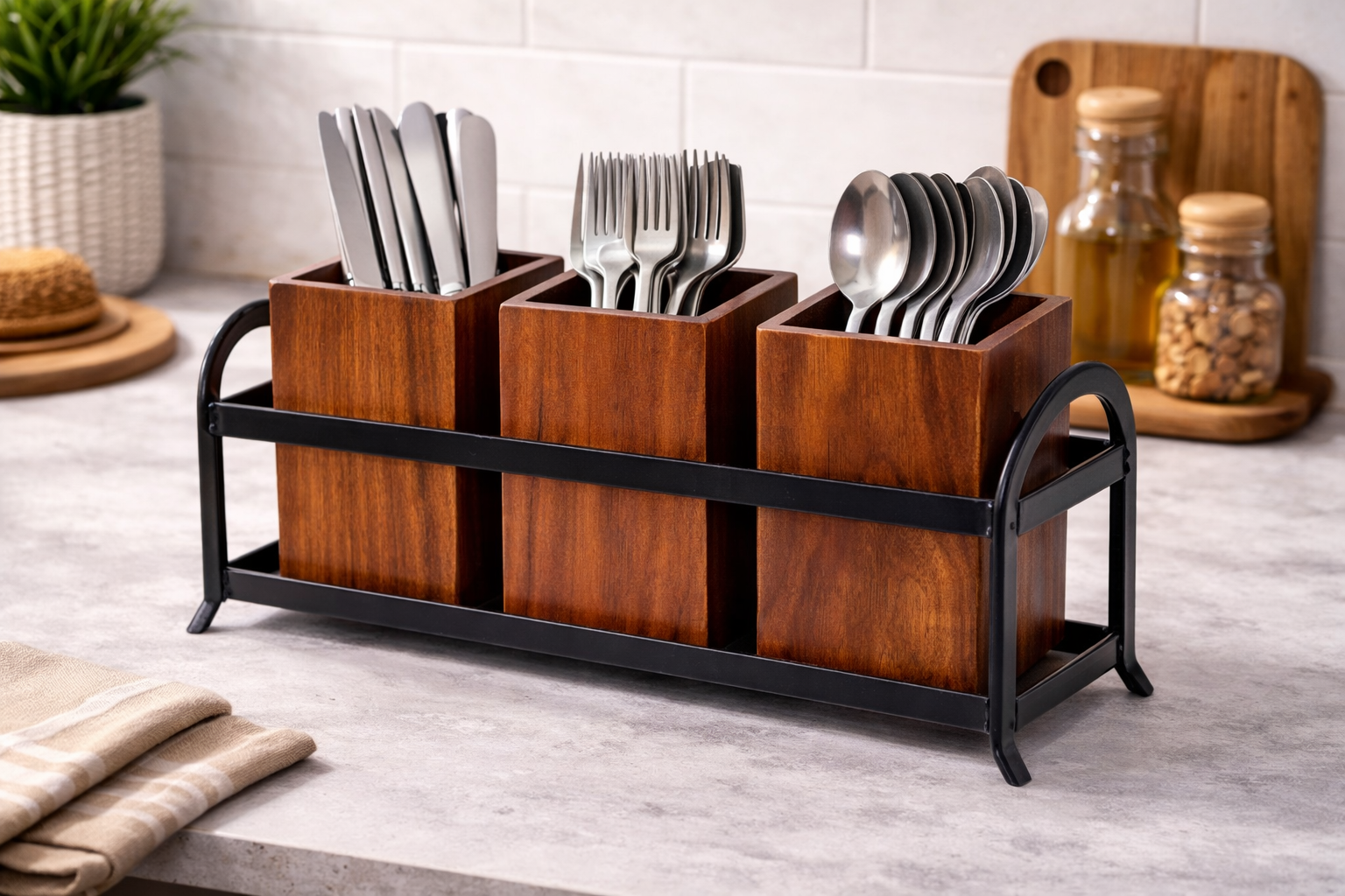 Wooden cutlery holder with metal stand 3 compartment organizer with spoons forks knives on kitchen counter