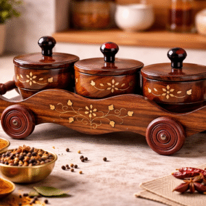 handcrafted wooden masala box set with 3 jars and tray for spices dry fruits and kitchen storage